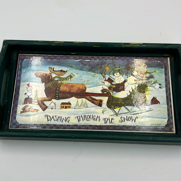 Wooden Dashing through the snow tray display ceramic Christmas sleigh reindeer - Picture 8 of 8